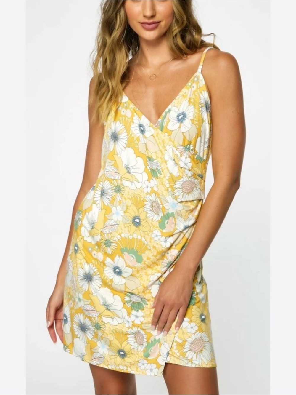 O’Neill Kiki Yellow Floral Surplice Mini Dress Medium Summer Boho